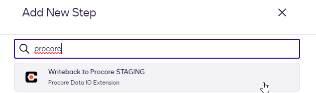 User adding a new step, searching for "procore", and selecting "Writeback to Procore STAGING".