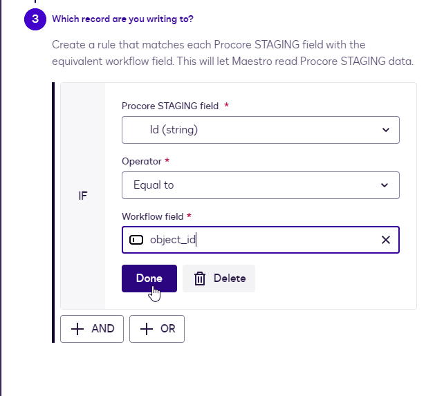 Screenshot showing a rule configuration interface mapping Procore STAGING 'Id' to workflow 'object_id'.