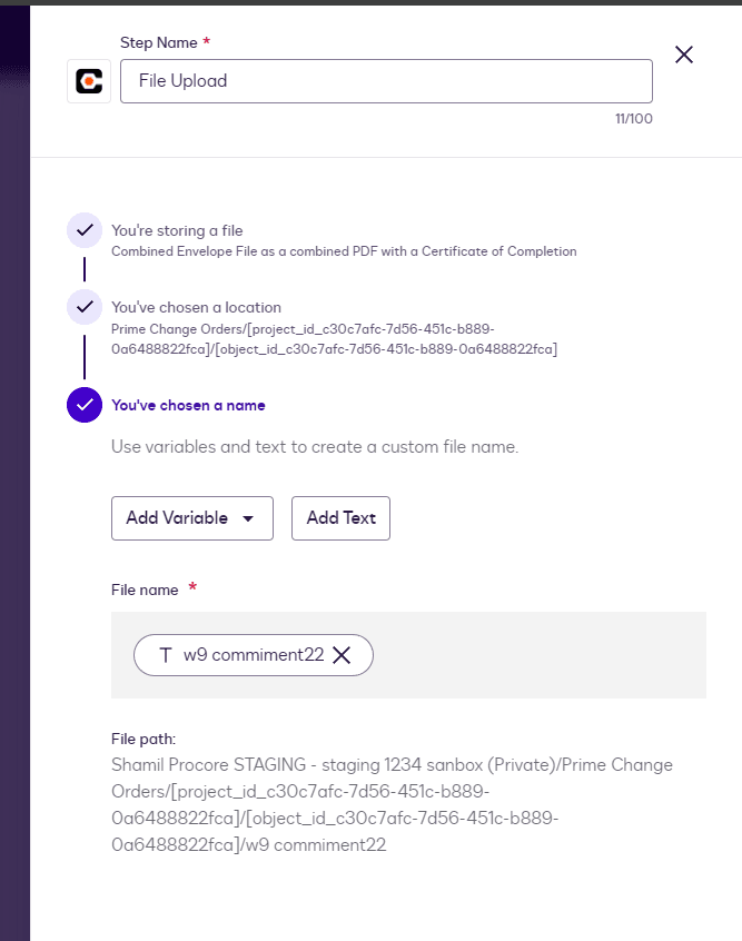 Interface for 'File Upload' step, showing inputs for step name and custom file name.