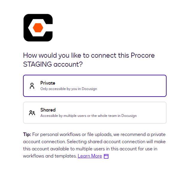 Procore account connection screen offering private or shared access options in DocuSign.