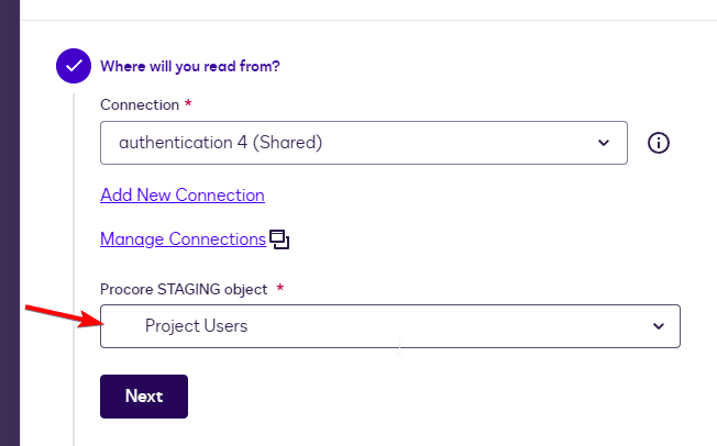 Data source configuration form showing 'authentication 4 (Shared)' connection and 'Project Users' object selected.