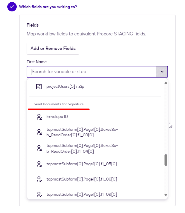 UI for mapping workflow fields, displaying a dropdown with variables like 'Envelope ID'.