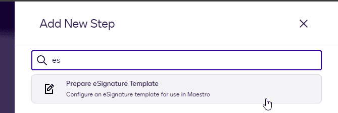 Add New Step dialog showing a search for 'es' and 'Prepare eSignature Template' highlighted.