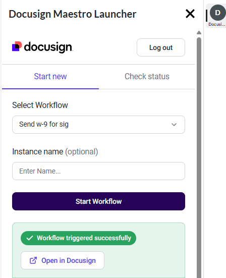Docusign Workflow Builder Launcher displaying a workflow configuration and successful trigger message.