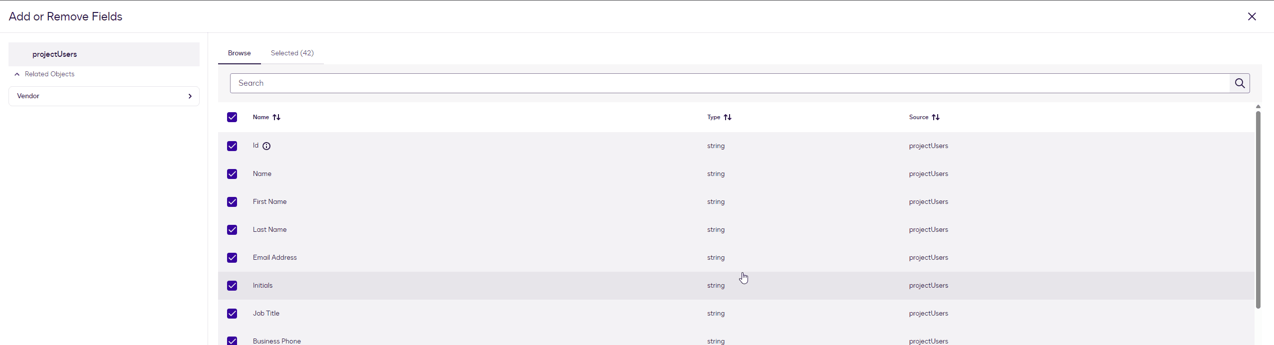 User interface showing records in a table, a search bar, and a left navigation pane.