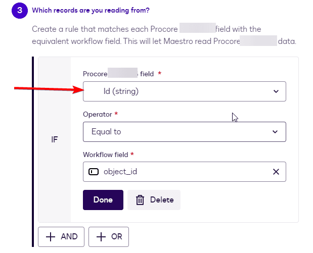 A form shows a rule mapping Procore field 'Id (string)' to workflow field 'object_id'.