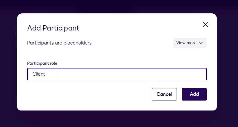 Add Participant modal displays 'Client' in the participant role field, with 'Add' button active.