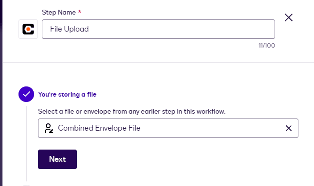 Workflow step for file upload, showing 'Combined Envelope File' selected.