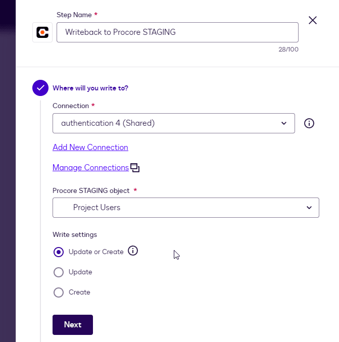 Software interface displaying a form to configure Procore writeback settings, including connection and object type.