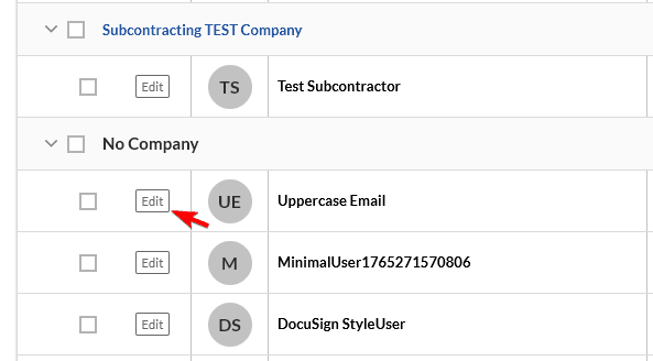 Software interface displays subcontractor and user lists, with a red arrow pointing to an 'Edit' button.