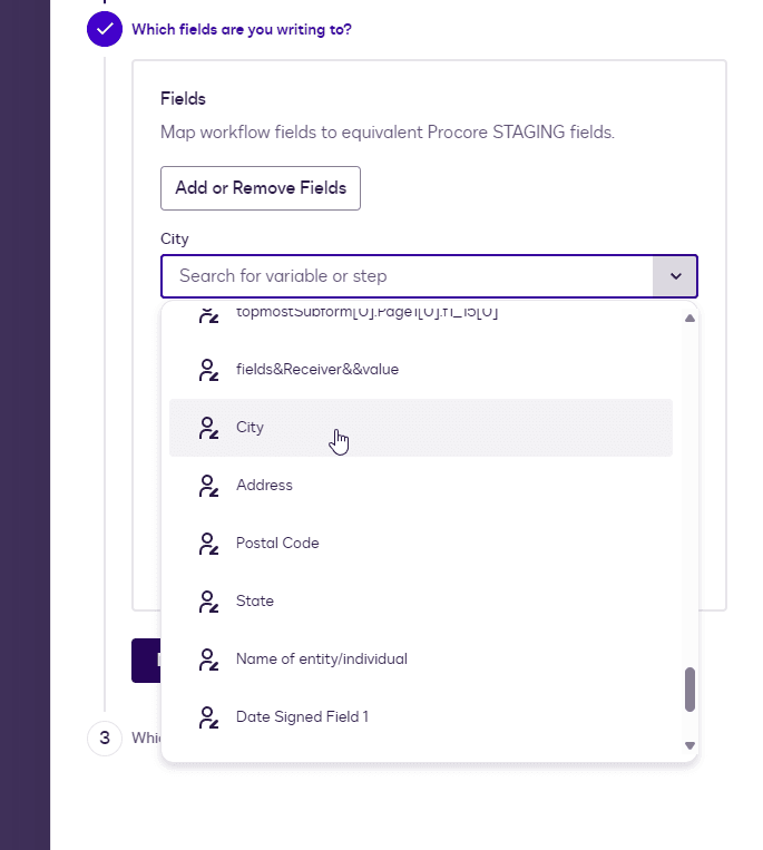 Screenshot of a workflow mapping interface with a dropdown open, showing 'City' selected.