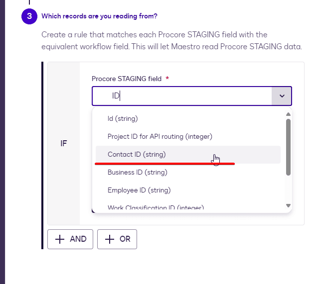 Screenshot showing a dropdown menu for selecting a Procore STAGING field, with 'Contact ID (string)' highlighted.