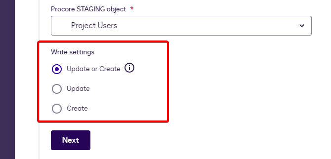 Write settings radio buttons with 'Update or Create' selected for project user data.