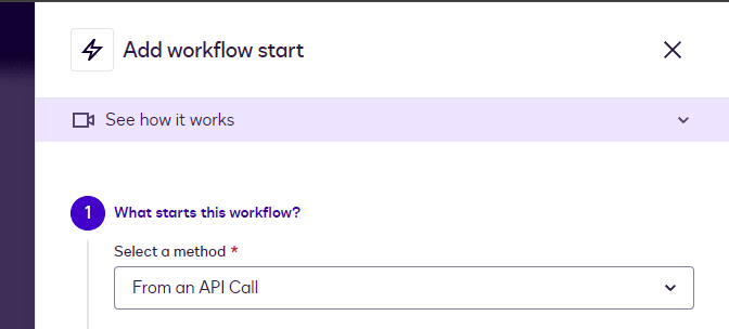 Workflow start UI showing 'From an API Call' as the selected initiation method.