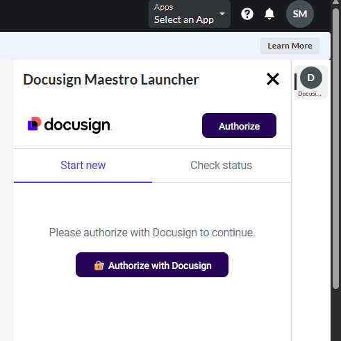 Docusign Workflow Builder Launcher interface showing an authorization prompt with a large 'Authorize with Docusign' button.