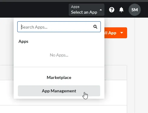 App selection dropdown menu with search bar and 'App Management' option highlighted.