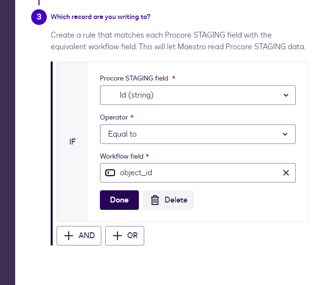 Form showing Procore STAGING field mapped to Workflow field "object_id" using "Equal to" operator.