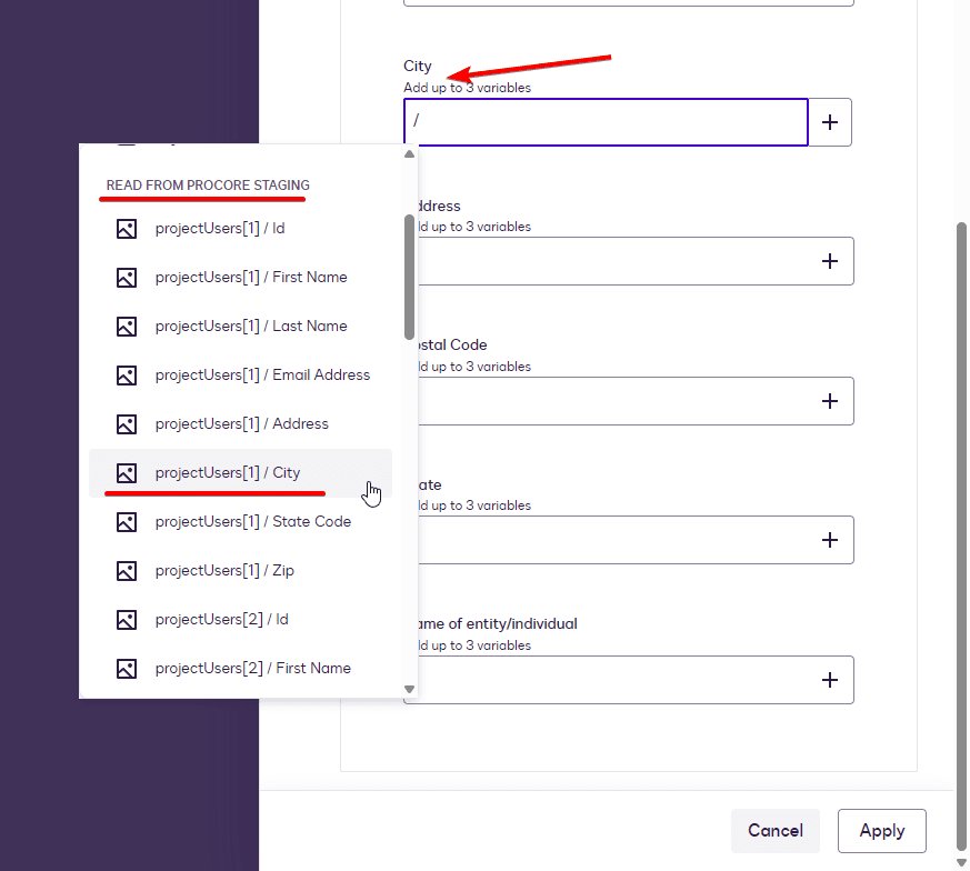 Dropdown menu selecting 'project.client.City' for a form's 'City' input field.
