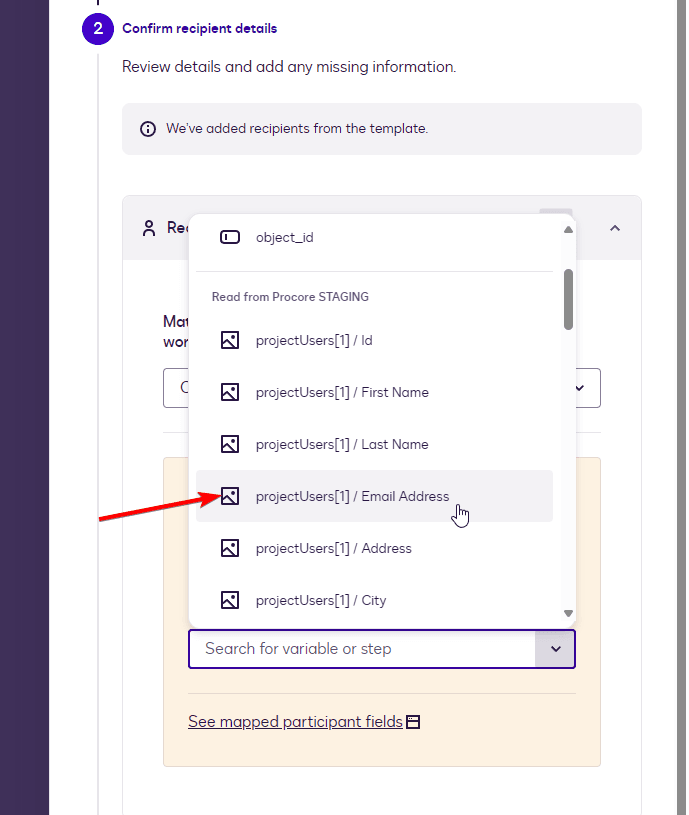 User selects 'Email Address' from a dropdown list of project recipient details.