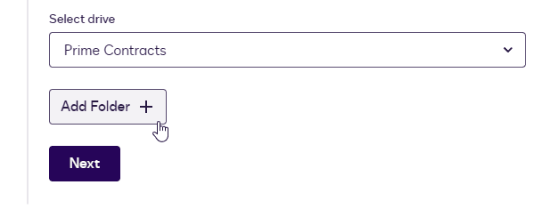 User interface shows 'Select drive' with 'Prime Contracts' and an 'Add Folder' button selected.