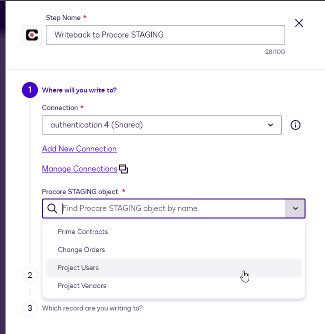 Configuring a 'Writeback to Procore STAGING' step, selecting 'Project Users' as the target object.
