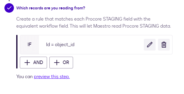 Interface for creating a rule to map Procore STAGING fields to equivalent workflow fields.