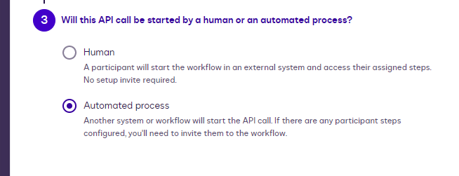 UI showing a question about API call initiation, with 'Automated process' selected.
