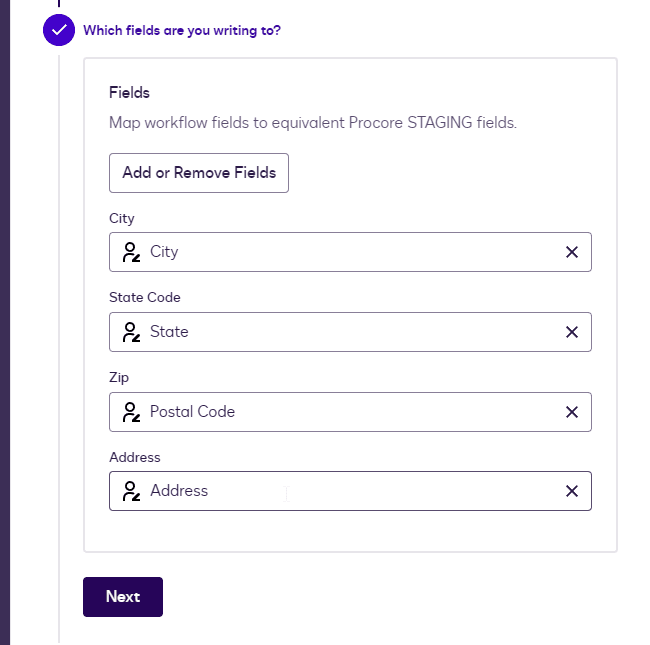Software interface for mapping workflow data fields: City, State Code, Zip, and Address.