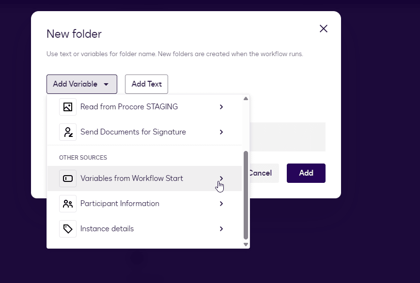 A "New folder" dialog box shows a dropdown with "Variables from Workflow Start" selected.