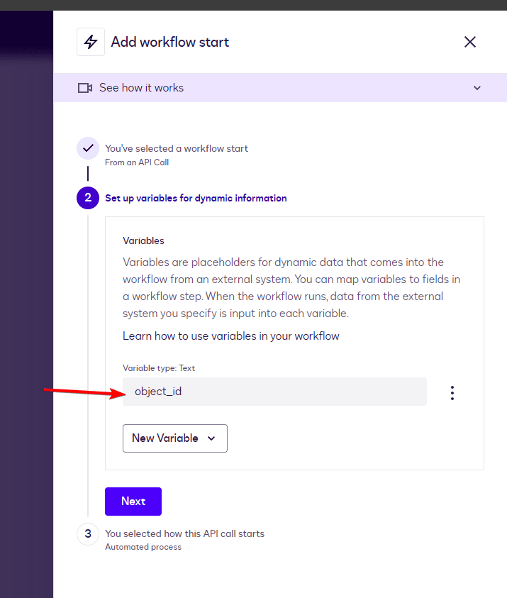 Workflow setup UI showing the 'object_id' variable input field for dynamic information.