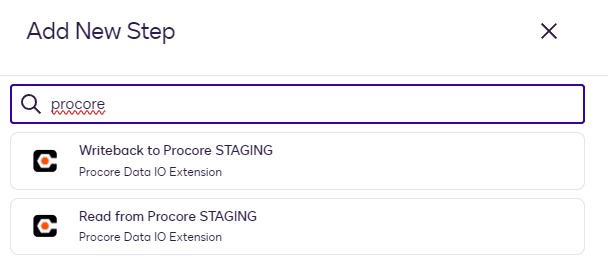 Add New Step dialog showing search for 'procore' with 'Writeback' and 'Read' options.