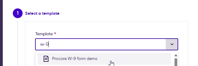 Screenshot showing 'Select a template' interface with 'W-9' typed into the template search field.
