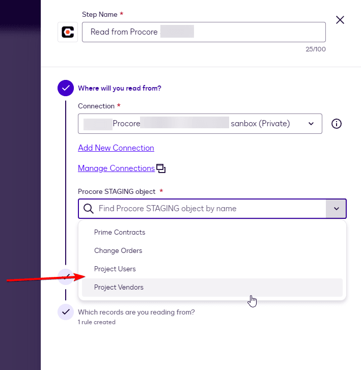Screenshot showing 'Project Vendors' being selected from a dropdown list within a Procore configuration.