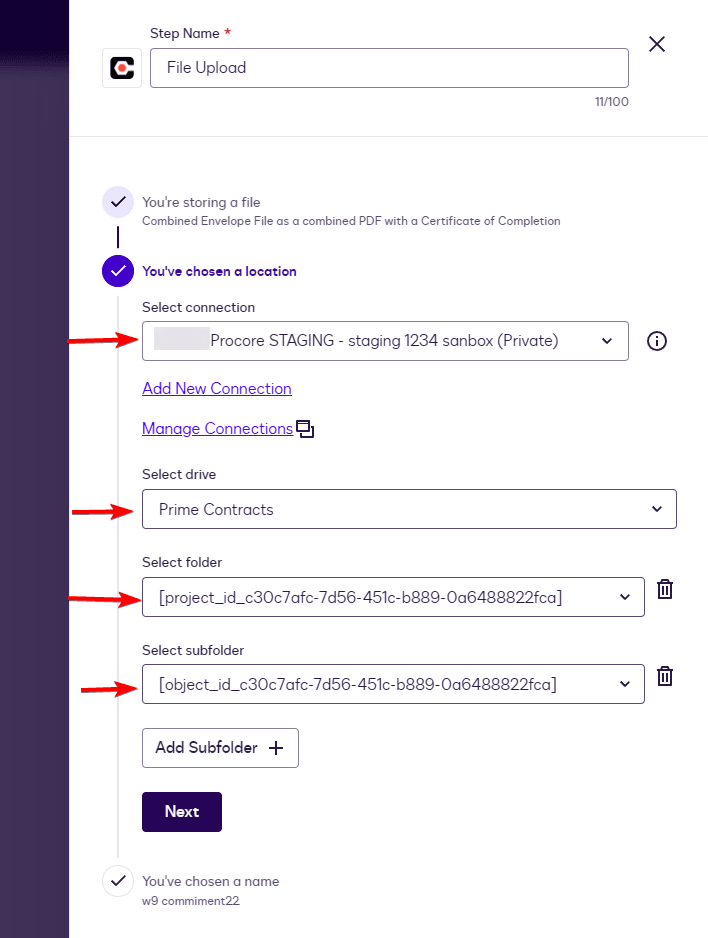 A UI form showing steps for file upload with connection, asset, folder, and subfolder selection.