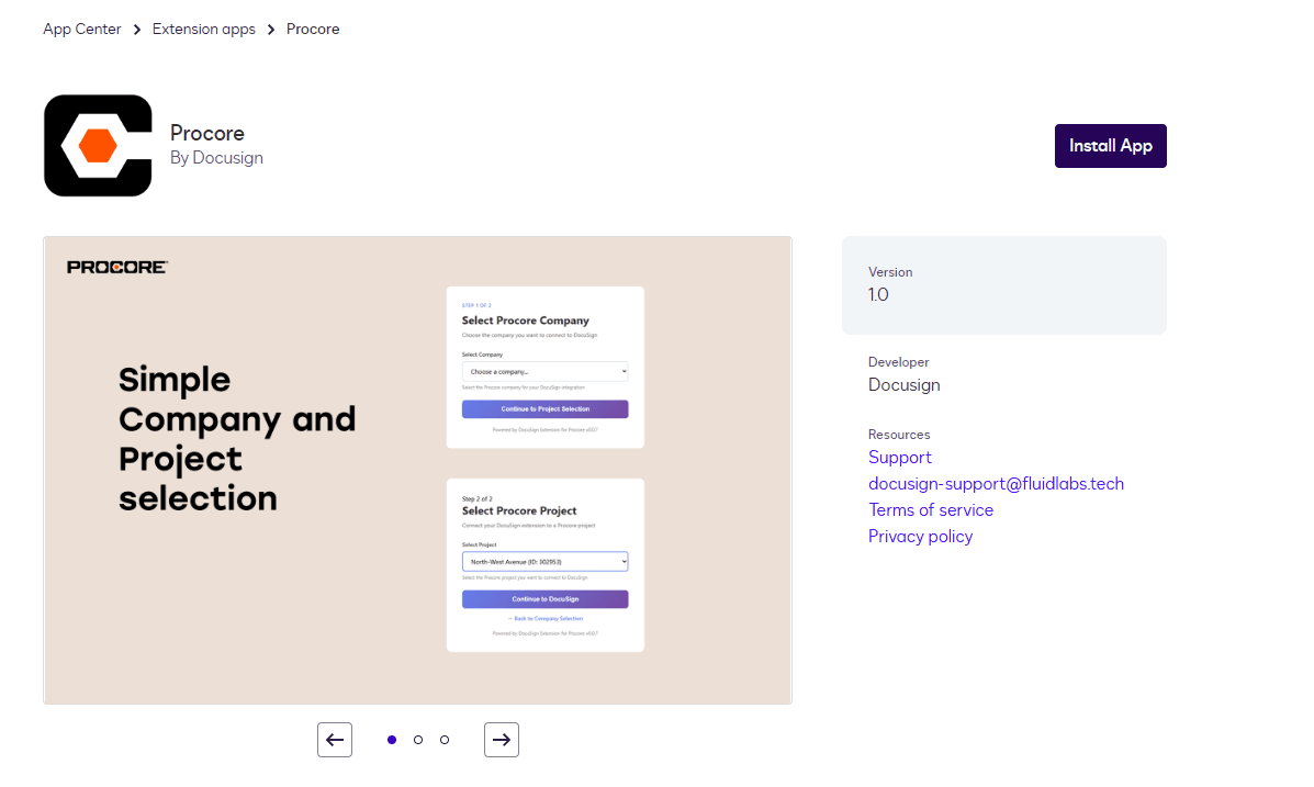 Pocore by DocuSign app page showing company and project selection interface.
