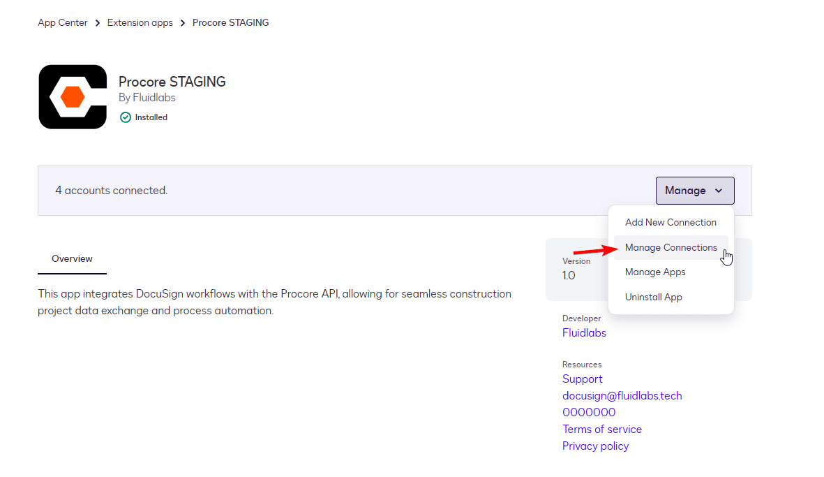 Procore STAGING app page displaying the "Manage" dropdown menu with "Manage Connections" highlighted.