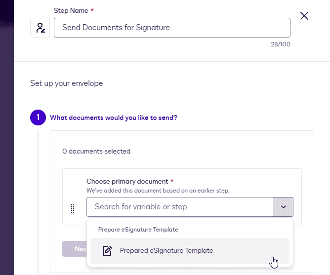 A digital form showing 'Send Documents for Signature' and 'Prepared eSignature Template' selected.