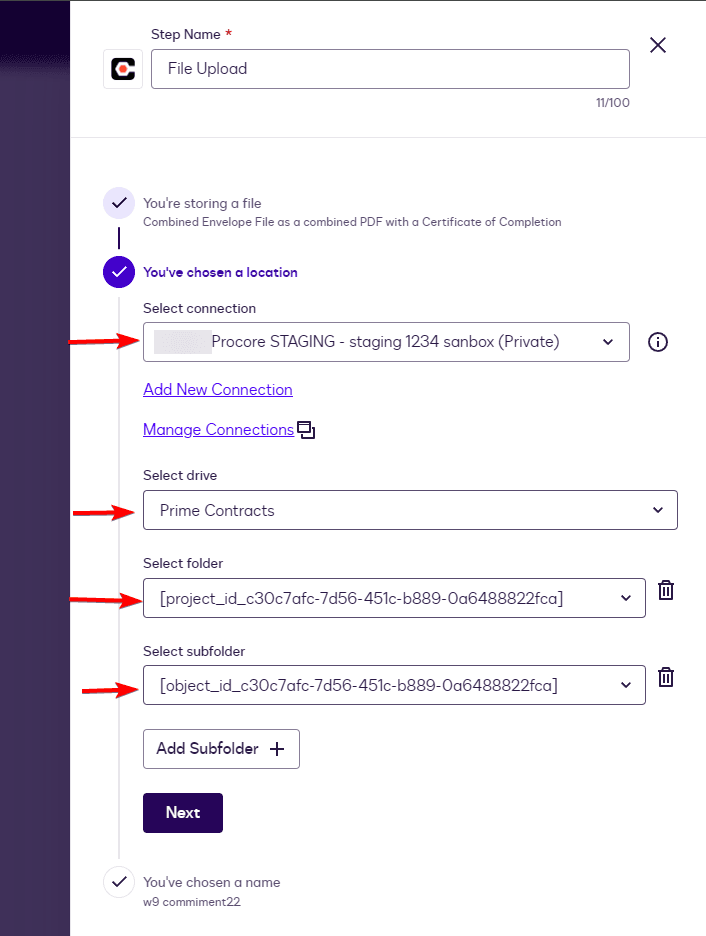 Screenshot of File Upload step configuration with multiple dropdown selections highlighted by red arrows.