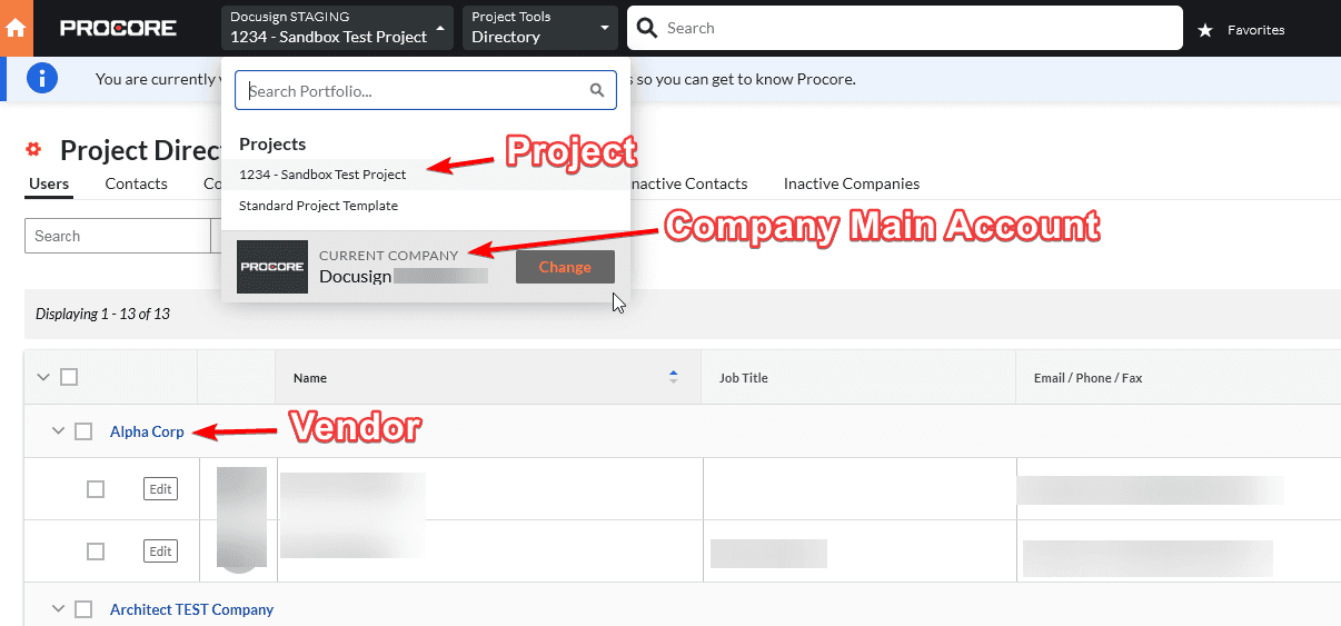 Procore interface showing project selection, company main account, and a listed vendor.