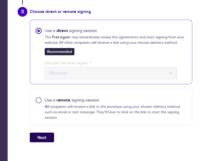 Web form allowing users to choose between direct or remote signing sessions, with 'Receiver' selected.