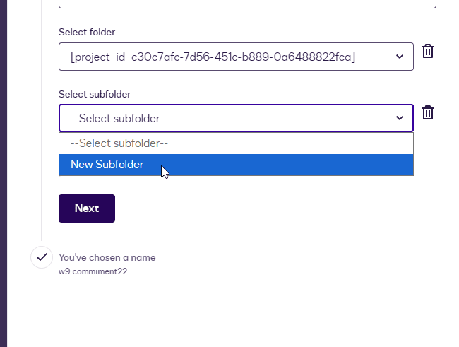 User selecting 'New Subfolder' from a dropdown menu in a digital interface.