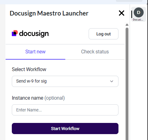 DocuSign Workflow Builder Launcher interface for selecting and starting workflows like sending w-9 forms.