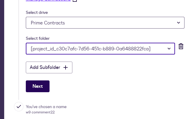 Form to select a drive and folder, showing 'Prime Contracts' and a project ID.