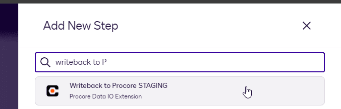Add New Step interface with search for 'writeback to P' and selected 'Writeback to Procore STAGING'.
