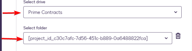 User interface showing selected drive "Prime Contracts" and a project folder ID.