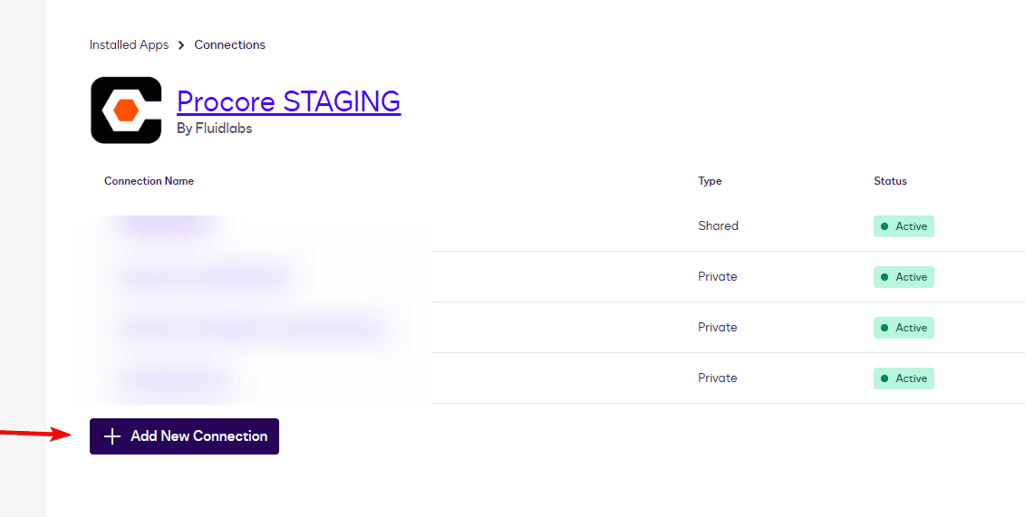 Procore STAGING interface showing an 'Add New Connection' button indicated by a red arrow.