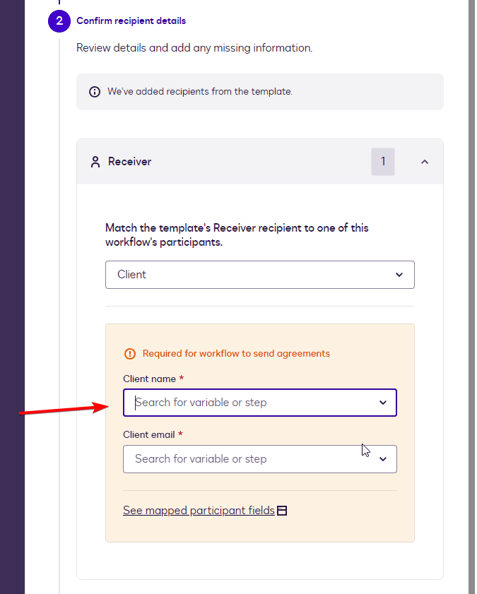 UI screenshot showing recipient configuration with an arrow pointing to the client name search field.