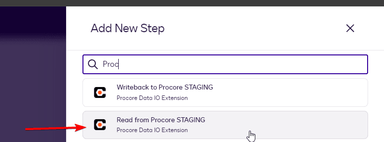 Add New Step modal showing search results for 'Prod', with 'Read from Procore STAGING' selected.