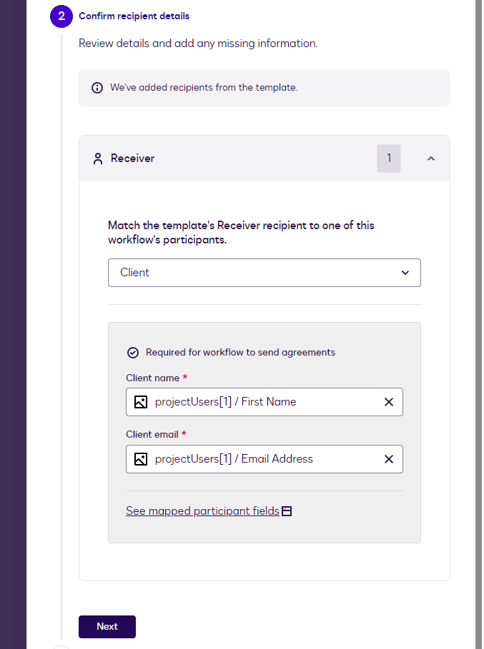 Form for confirming recipient roles, mapping client name and email fields.