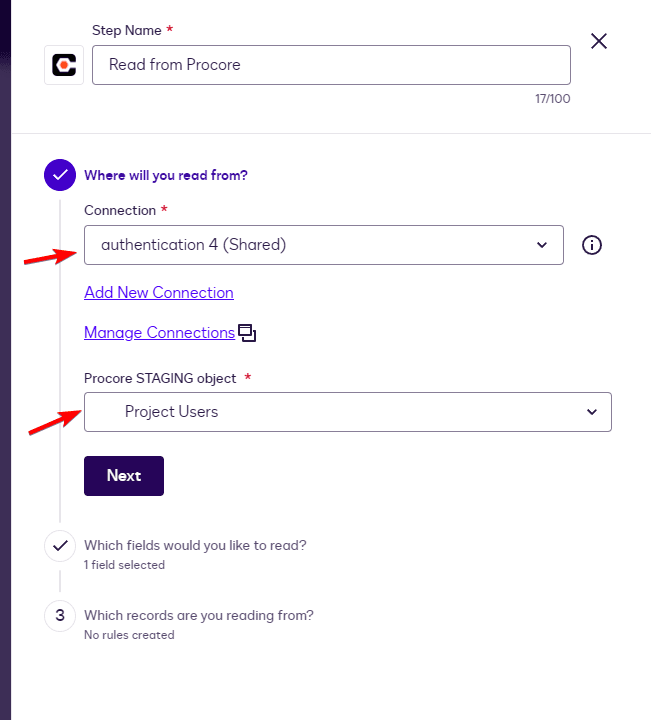 Configuration form showing 'authentication 4 (Shared)' connection and 'Project Users' object selected.
